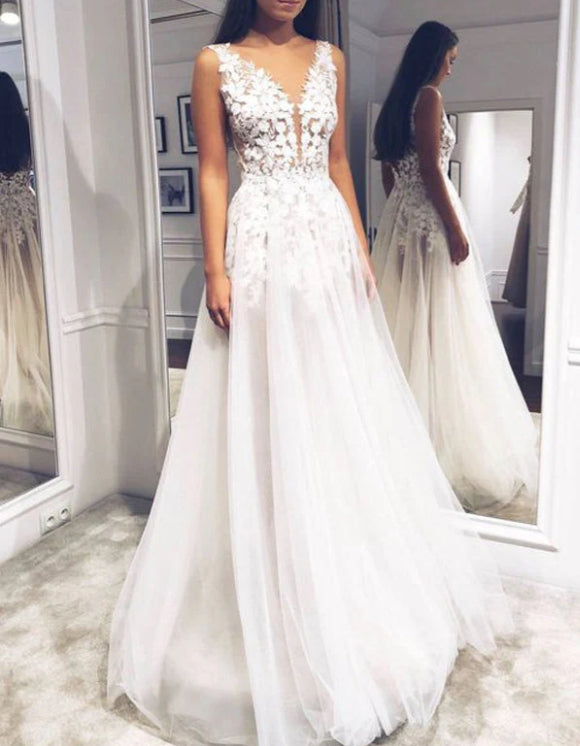 A-line V-neck Open Back Lace Wedding Dresses Simple Wedding Dresses