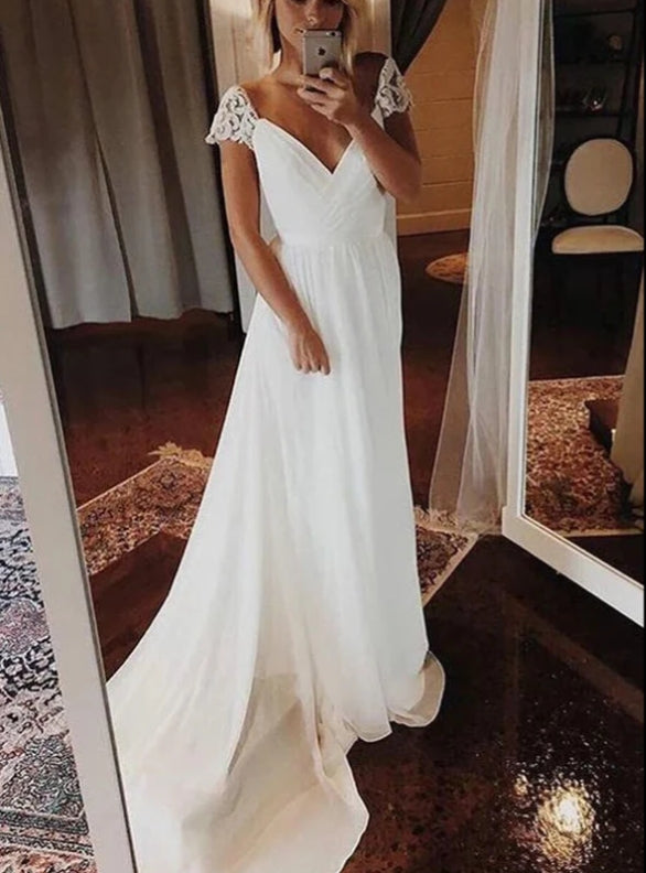 A-line Chiffon Wedding Dresses Cap Sleeve V-neck Bohemian Beach Bridal Gowns