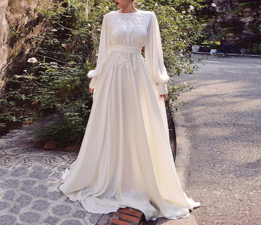 A-Line Soft Satin Wedding Dresses Boho Lace Appliques Long Puff Sleeves Bridal Gown Vintage Wedding Party Gowns