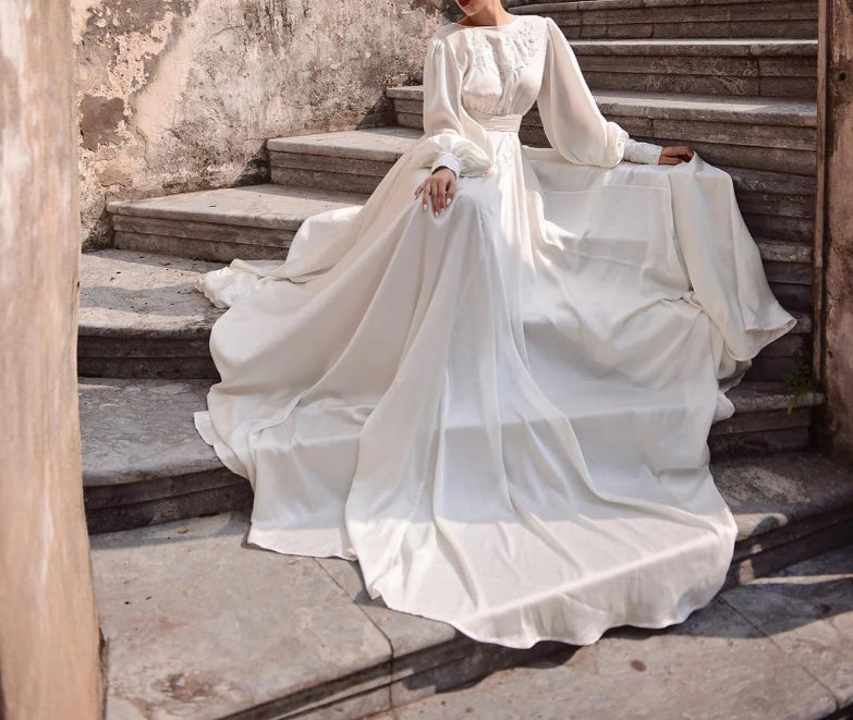 A-Line Soft Satin Wedding Dresses Boho Lace Appliques Long Puff Sleeves Bridal Gown Vintage Wedding Party Gowns
