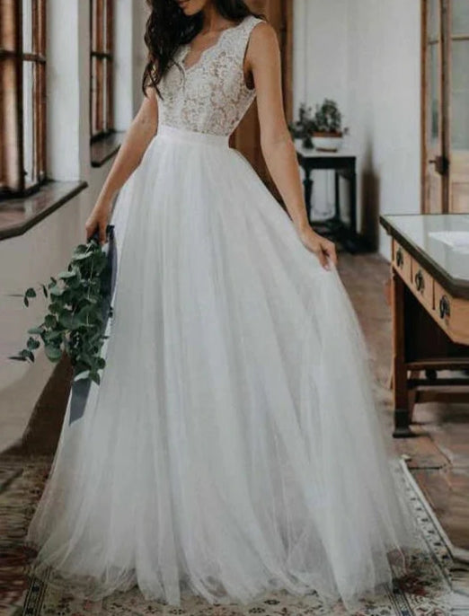 A-ine V-neck Open Back Tulle & Lace Wedding Dresses Beach Wedding Dresses