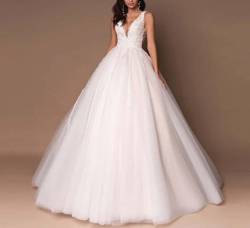 V-neck Sleeveless Wedding Dresses Vestidos Custom Design Sleeveless Beading Applique Ball Gown Wedding Dress