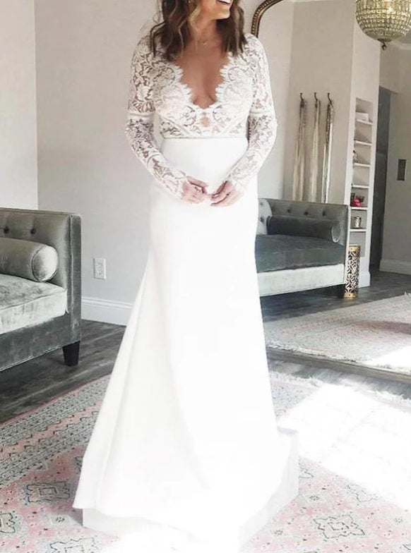 Satin Sheath V-neck Long Sleeves Mermaid Wedding Dress with Lace
