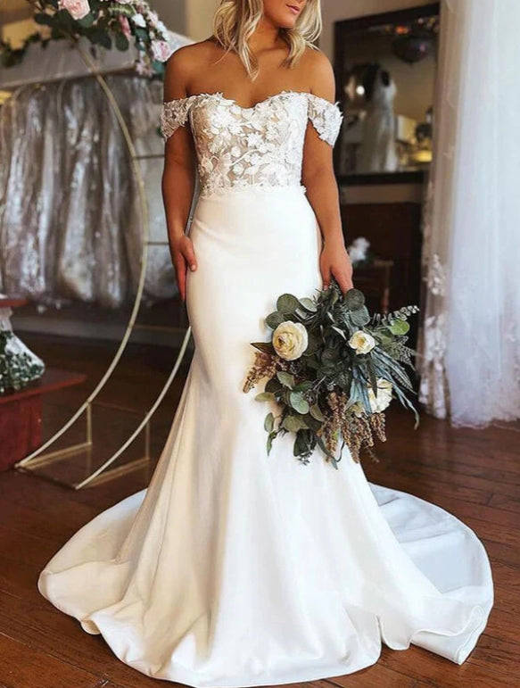 Satin Lace Mermaid Off-the-shoulder Wedding Dresses Wedding Gowns