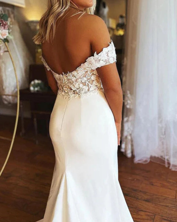 Satin Lace Mermaid Off-the-shoulder Wedding Dresses Wedding Gowns