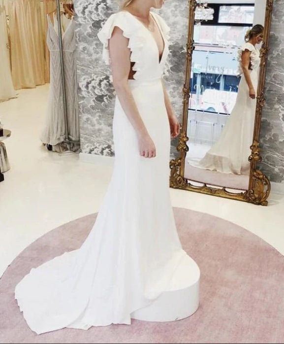 Mermaid Cap Sleeves V-neck Wedding Dresses with Ruffles Bridal Gown