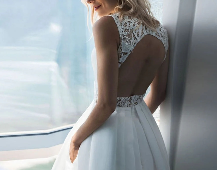 A-Line Tea Length Wedding Dresses Jersey Pleat V-Neck Appliques Sleeveless Backless Bridal Gowns Vestido De Novia