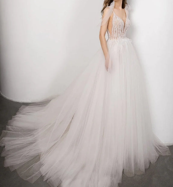 Boho Bridal Gown new Sexy V-neck backless Bride Wedding Dress Luxury Crystal and Pearls Vestido de novia Robe de mariee