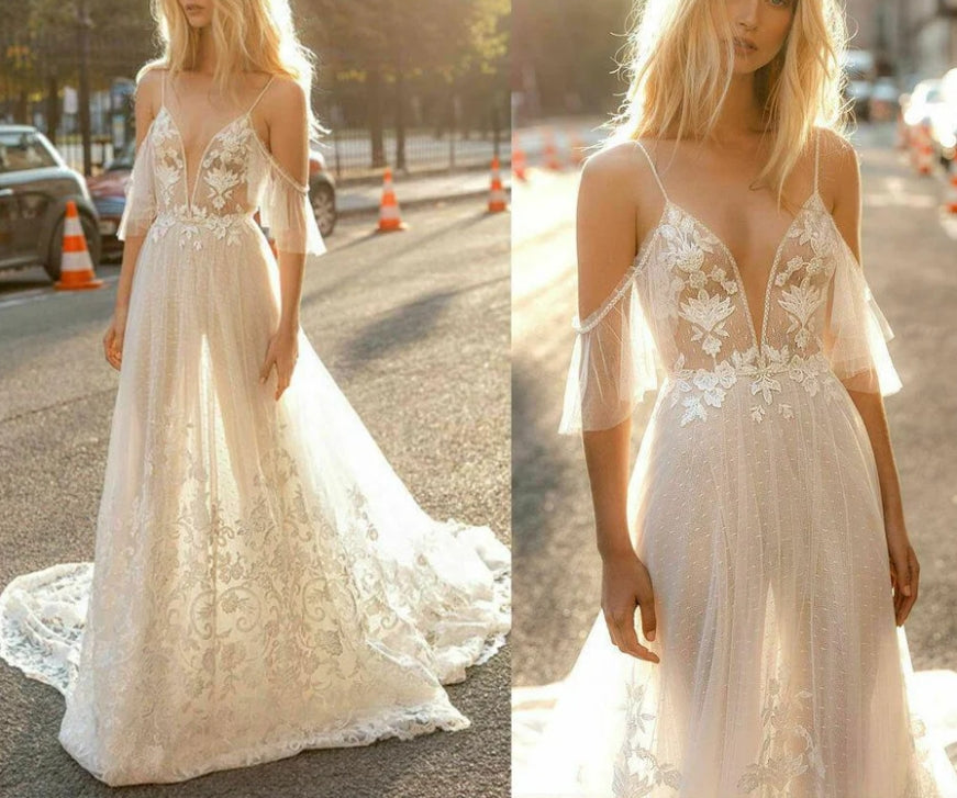 Boho Beach A Line Wedding Dresses Sexy Spaghetti Lace Appliques