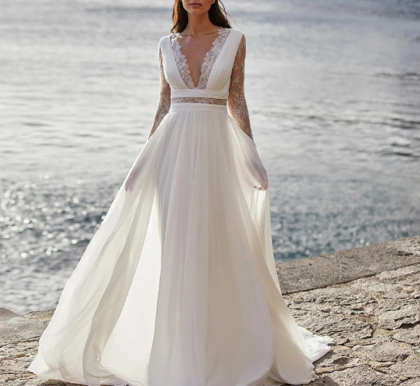 Bohemian Wedding Dress Long Sleeve V-Neck Floor Length Chiffon A-Line lace Back Bridal Gowns With Belt Charming For Women