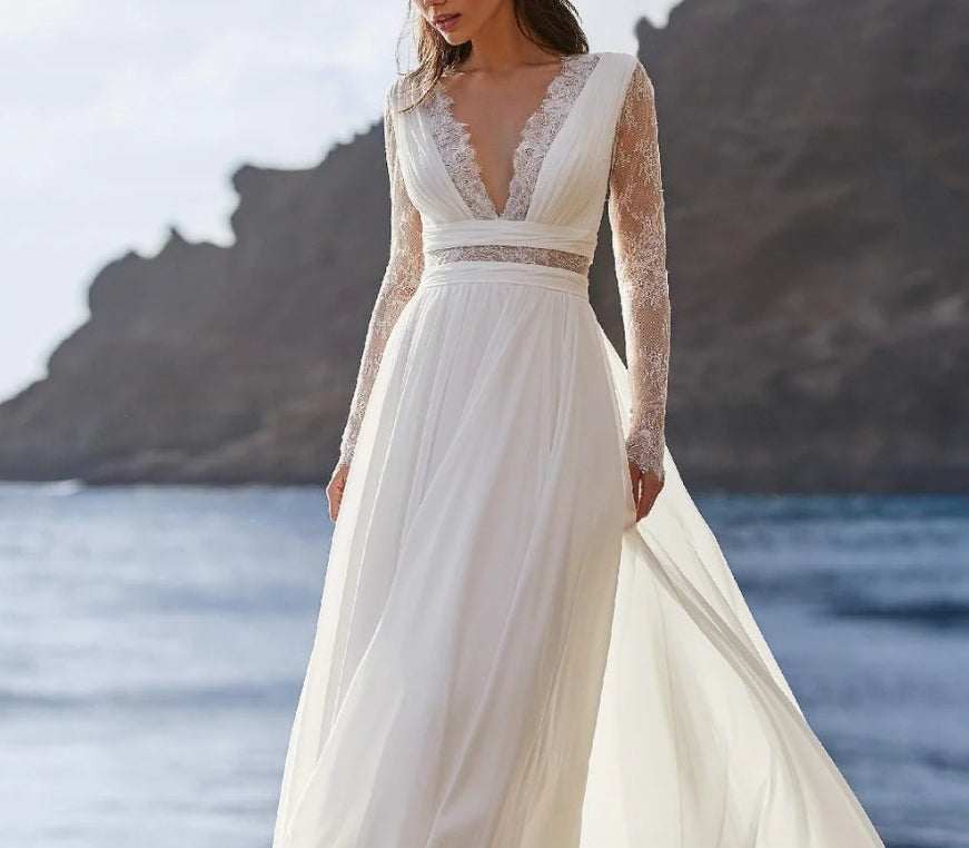 Bohemian Wedding Dress Long Sleeve V-Neck Floor Length Chiffon A-Line lace Back Bridal Gowns With Belt Charming For Women