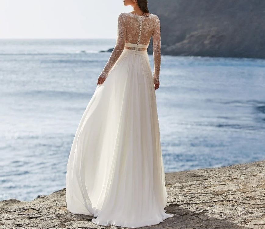 Bohemian Wedding Dress Long Sleeve V-Neck Floor Length Chiffon A-Line lace Back Bridal Gowns With Belt Charming For Women