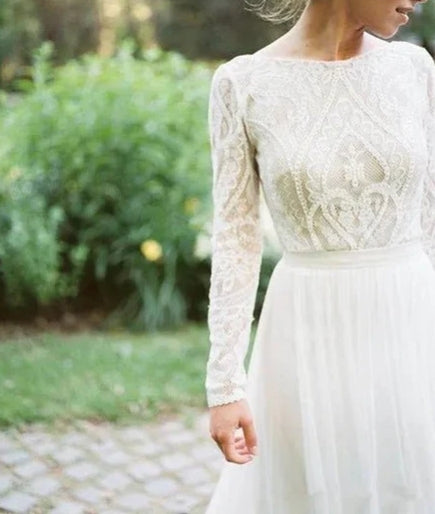 Bohemian Wedding Dresses With Long Sleeves Bateau Lace Top Chiffon Boho Bridal Gown vestido de noiva robe de mariee