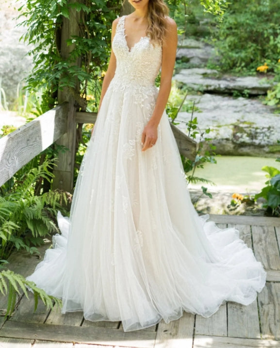 Wedding Dresses Sleeveless Appliqued Bride Dress A-Line Tulle Bride Wedding Gowns for Women vestido de novia