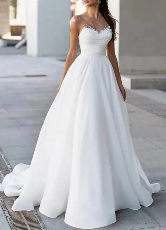 A-line Sweetheart Modest Wedding Dresses With Pearls