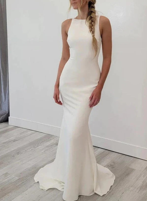 Satin Mermaid Scoop Neck Open Back Wedding Dresses Bridal Gowns