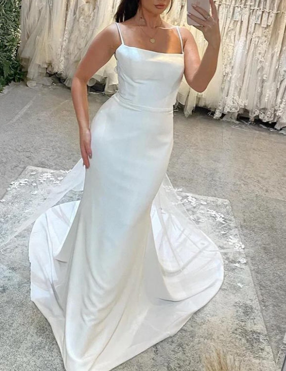Satin Mermaid Spaghetti Straps Court Train Wedding Dresses Bridal Gown