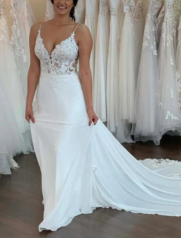 Chiffon Spaghetti Straps Lace Appliques Bohemian Wedding Dresses