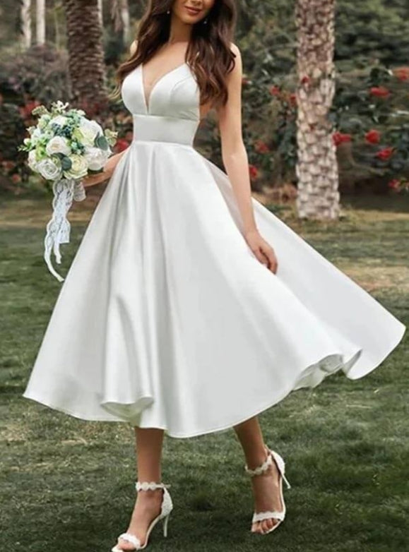 A-line Spaghetti Straps Tea Length Wedding Dress Bridal Gown