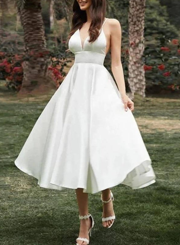 A-line Spaghetti Straps Tea Length Wedding Dress Bridal Gown