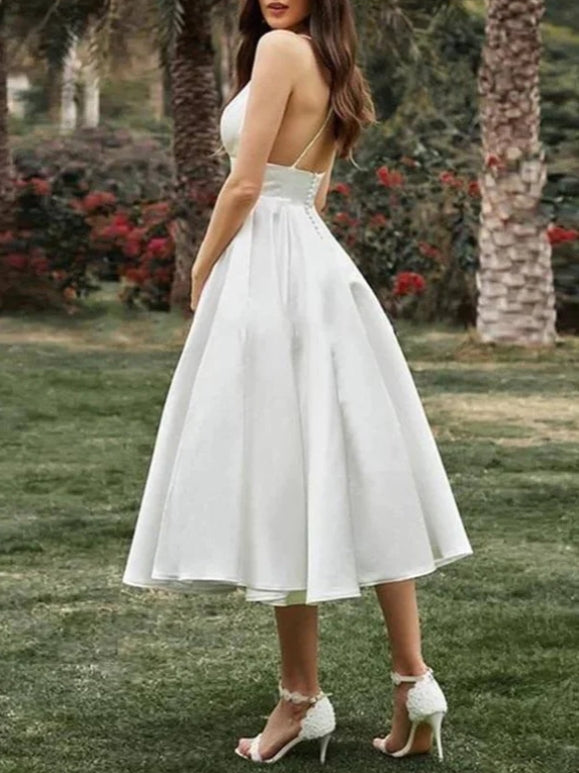 A-line Spaghetti Straps Tea Length Wedding Dress Bridal Gown