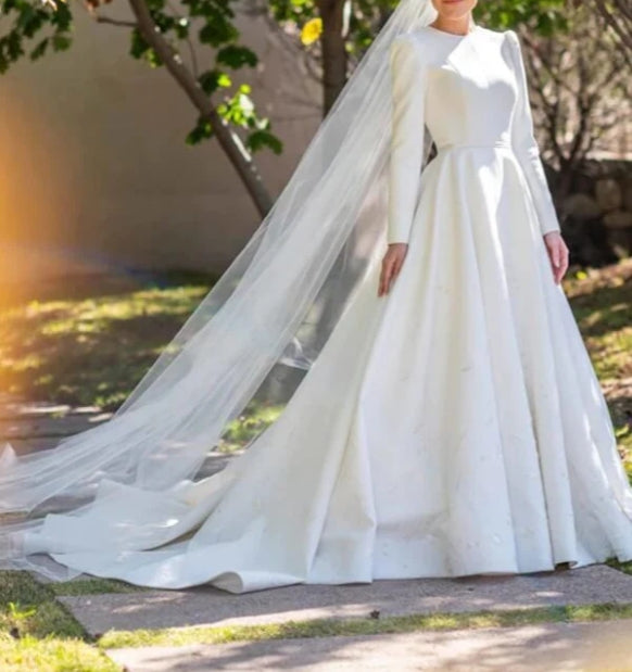Ivory Satin A-line Long Sleeves Embroidery Modest Wedding Dresses