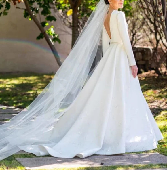 Ivory Satin A-line Long Sleeves Embroidery Modest Wedding Dresses