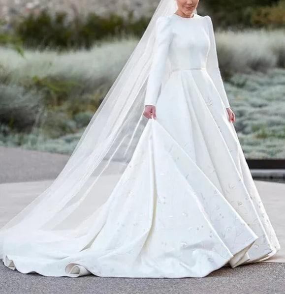 Ivory Satin A-line Long Sleeves Embroidery Modest Wedding Dresses