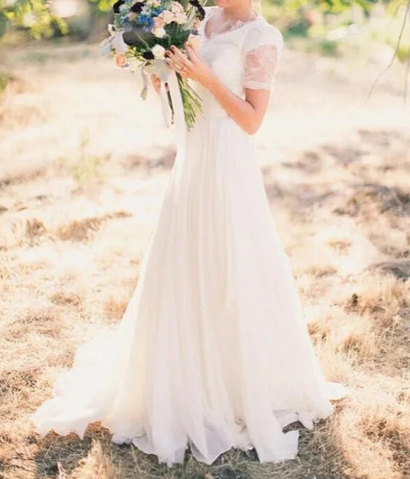A-line Short Sleeves Boho Wedding Dresses Lace Wedding Gown