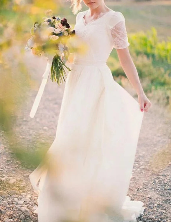 A-line Short Sleeves Boho Wedding Dresses Lace Wedding Gown