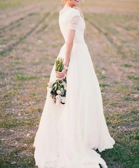 A-line Short Sleeves Boho Wedding Dresses Lace Wedding Gown