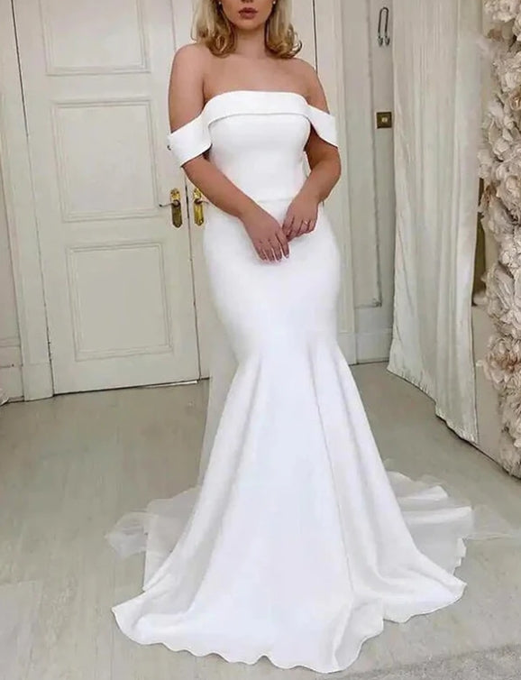 Ivory Satin Mermaid Off-the-Shoulder Simple Wedding Dress Bridal Gown