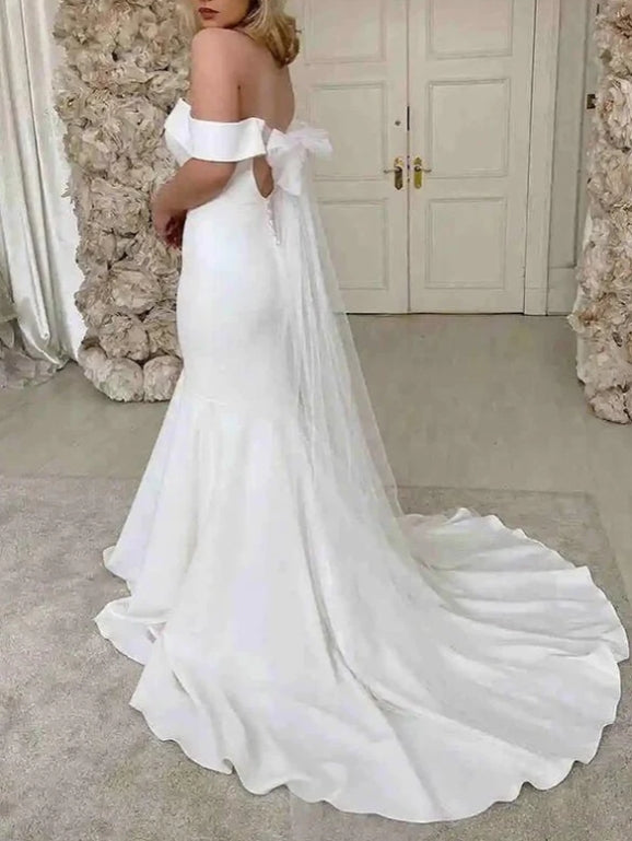 Ivory Satin Mermaid Off-the-Shoulder Simple Wedding Dress Bridal Gown
