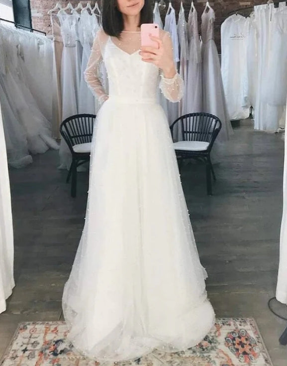 Ivory Tulle A-line Scoop Long Sleeves Beaded Bohemian Wedding Dresses