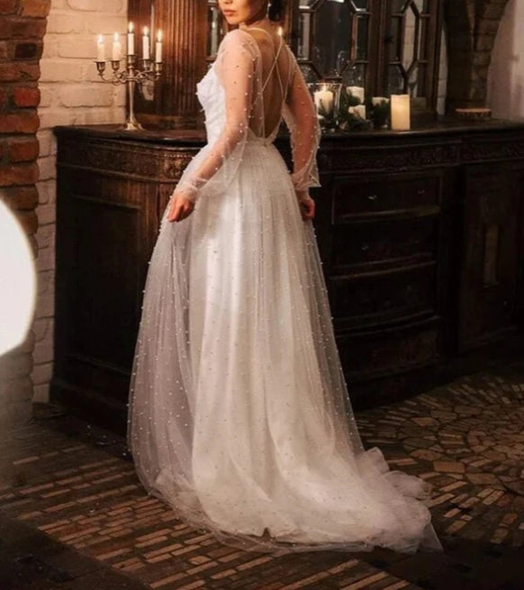 Ivory Tulle A-line Scoop Long Sleeves Beaded Bohemian Wedding Dresses