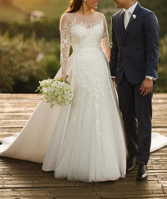 Tulle Lace Long Sleeves Rustic Wedding Dresses With Detachable Satin