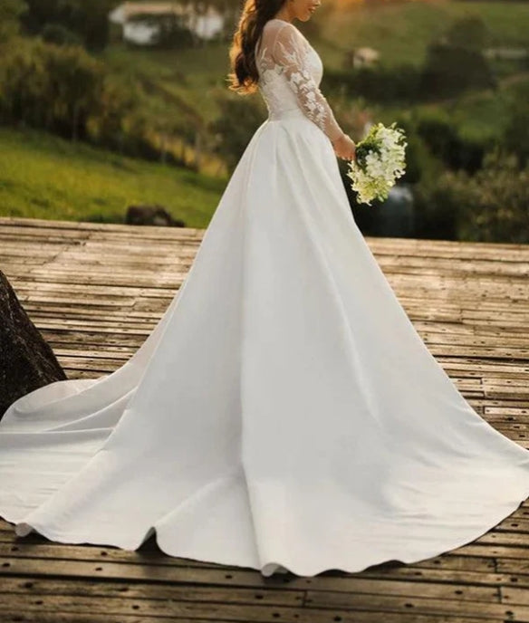 Tulle Lace Long Sleeves Rustic Wedding Dresses With Detachable Satin