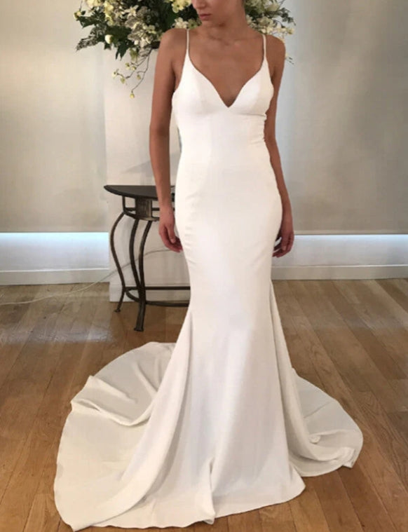Satin Mermaid Spaghetti Straps V-neck Wedding Dresses with Train