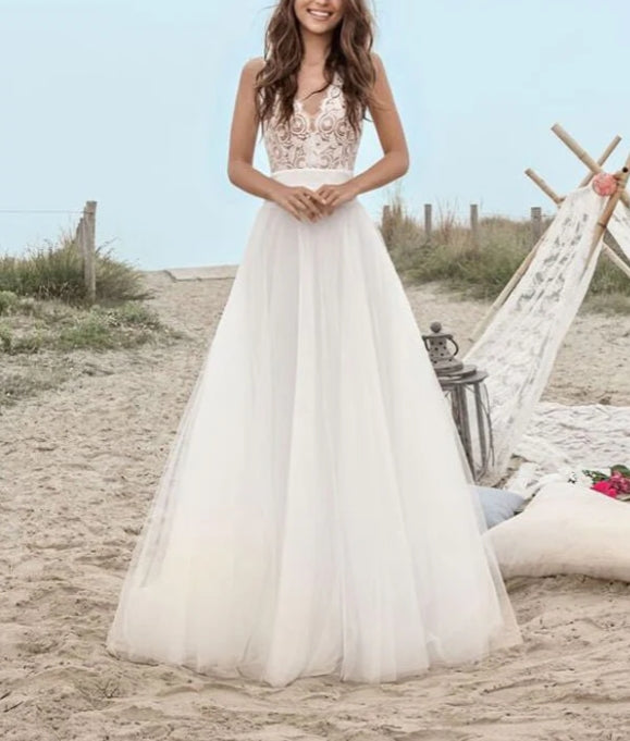 Tulle Lace A-line V-neck Floor Length Beach Wedding Dresses