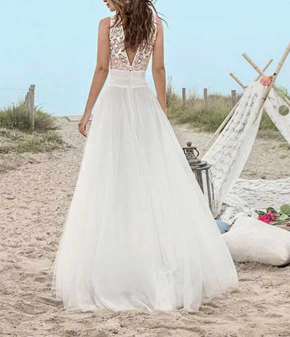 Tulle Lace A-line V-neck Floor Length Beach Wedding Dresses