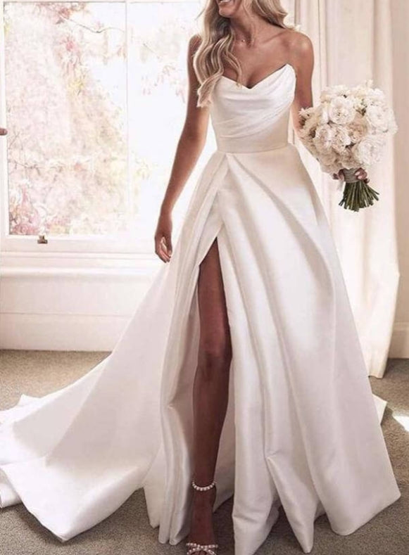 Ivory Satin A-line Strapless Court Train Wedding Dresses With Thigh Slit