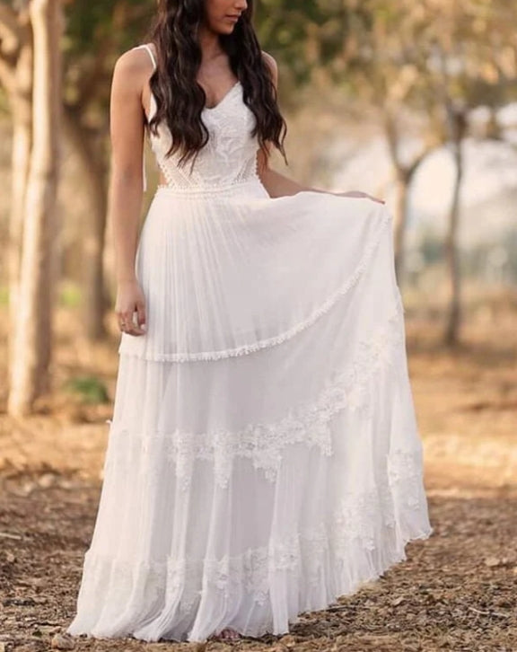 Ivory Chiffon A-line V-neck lace Beach Wedding Dresses Bridal gown