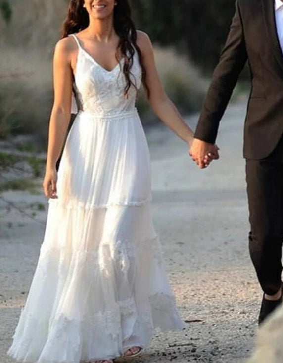 Ivory Chiffon A-line V-neck lace Beach Wedding Dresses Bridal gown