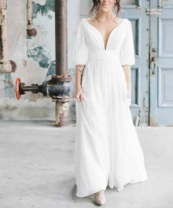 Ivory Chiffon A-line V-neck Half Sleeves Long Wedding Dresses