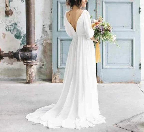 Ivory Chiffon A-line V-neck Half Sleeves Long Wedding Dresses