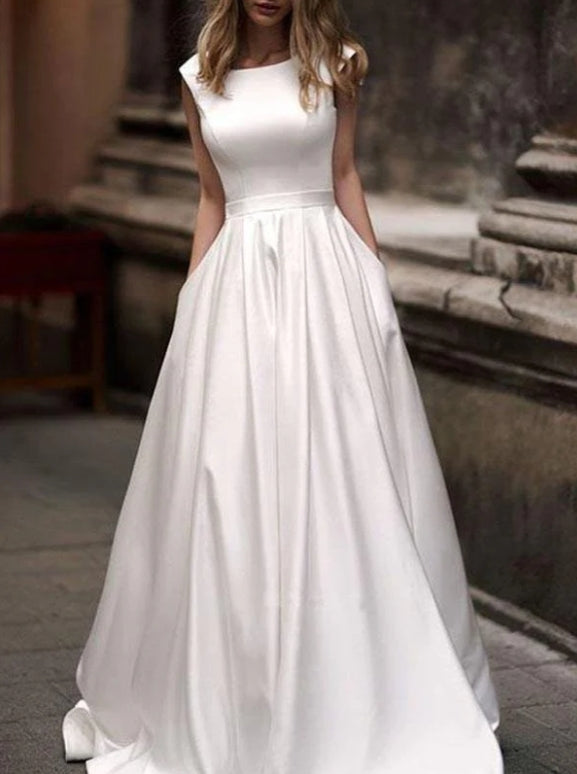Simple Ivory Satin Vintage A-line Princess Wedding Dresses With Pockets