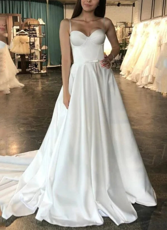 Simple Ivory Satin A-line Sweetheart Wedding Dresses Cheap Bridal Gown