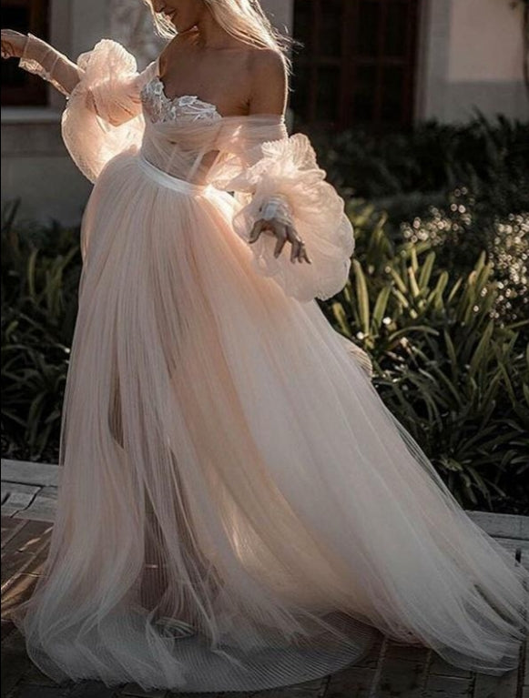 Romantic Backless Beach Wedding Dresses With Sleeves Bridal Dress