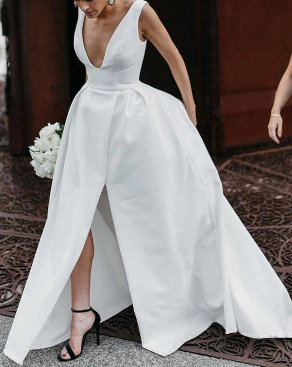 Simple Ivory Satin A-line V-Neck Wedding Dresses with Pockets
