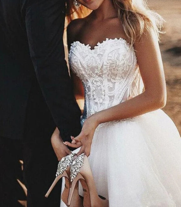 Boho Lace Bodice Sweetheart Wedding Dresses Rustic Bridal Gown